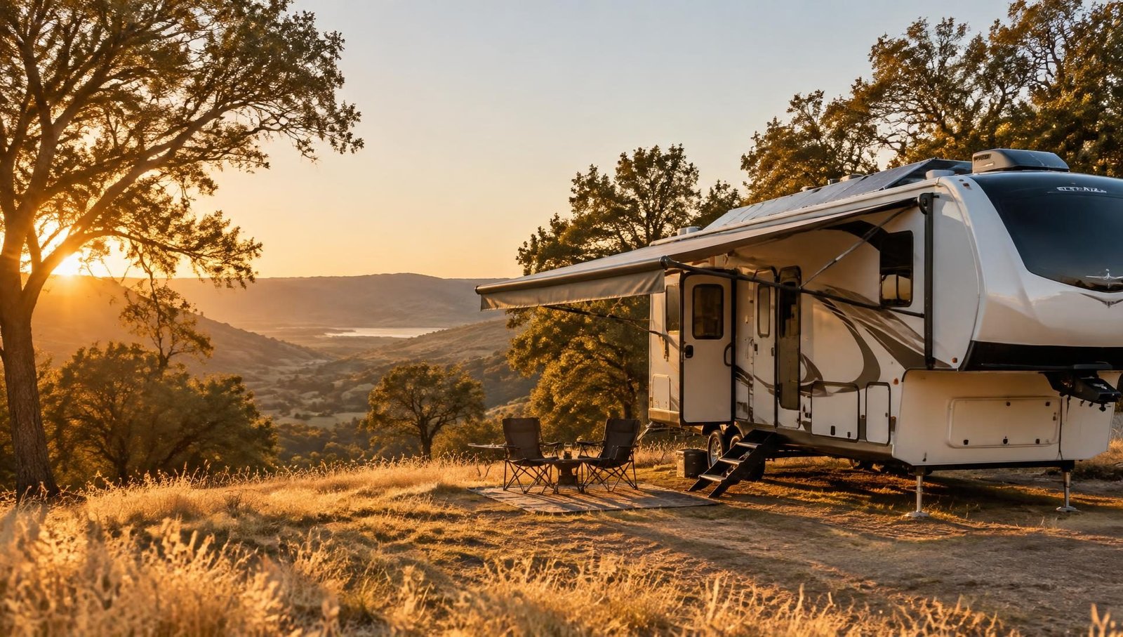 Illustrative image: fifth-wheel RV with awning out in golden California foothills