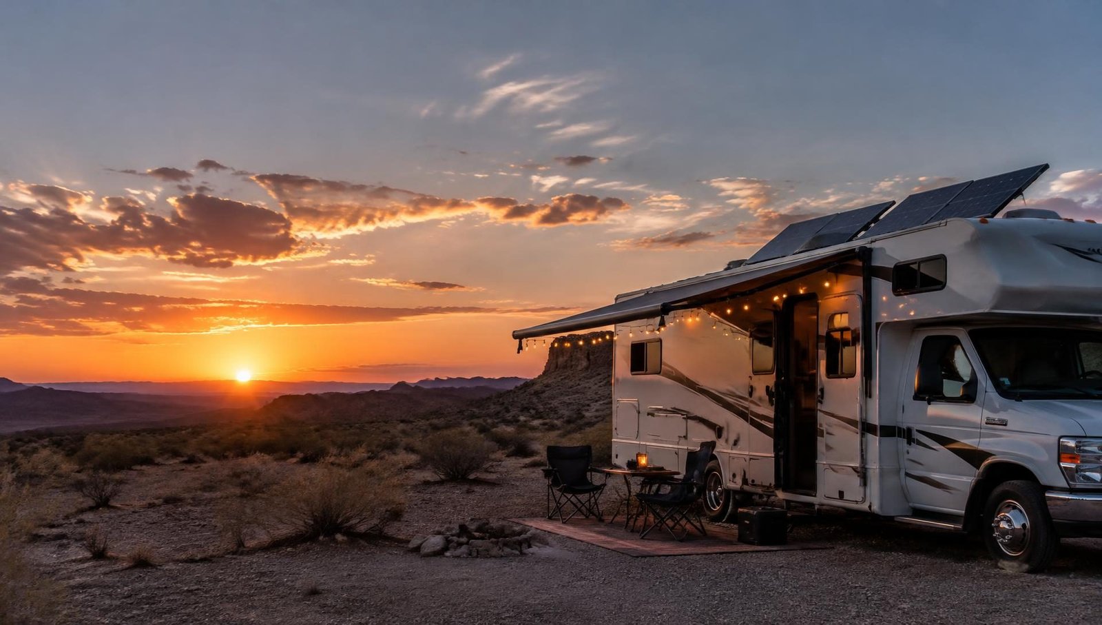 Illustrative image: Class C RV with rooftop solar panels at an off-grid desert campsite at dusk